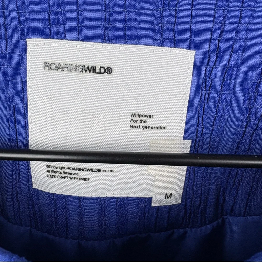 ROARINGWILD Pleated Plisse Textured Cobalt Blue Button Front Jacket Streetwear